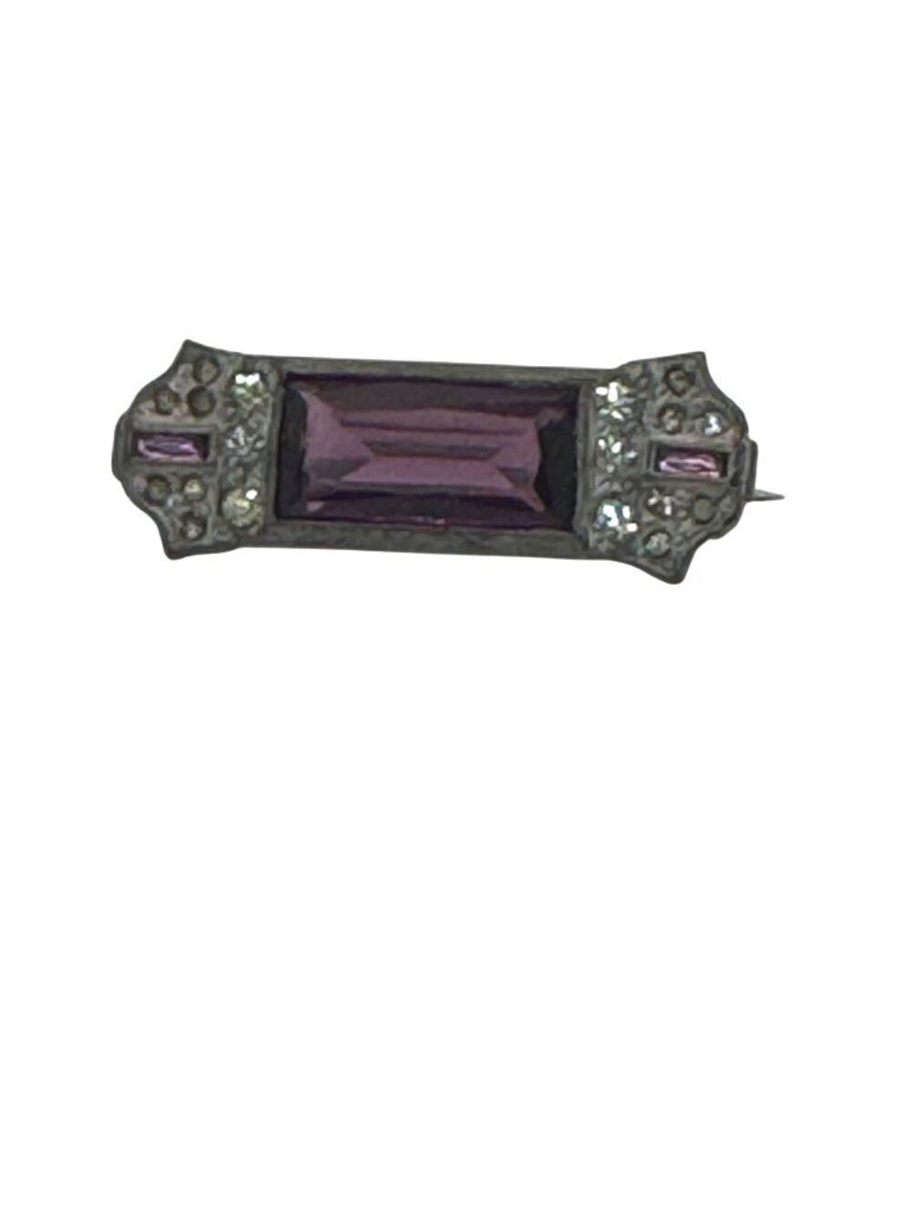 Vintage Amethyst Glass Bar Pin Brooch Purple Rhinestones Art Deco Victorian